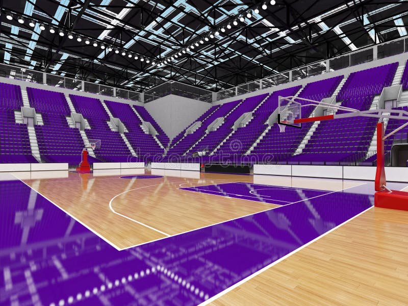 3D render of beautiful sports arena for basketball with floodlights and purple seats and VIP boxes for ten thousand people. 3D render of beautiful sports arena for basketball with floodlights and purple seats and VIP boxes for ten thousand people