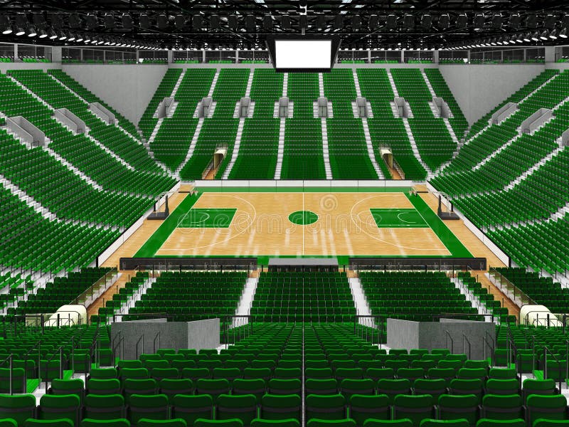 3D render of beautiful sports arena for basketball with floodlights and green seats and VIP boxes for ten thousand people. 3D render of beautiful sports arena for basketball with floodlights and green seats and VIP boxes for ten thousand people