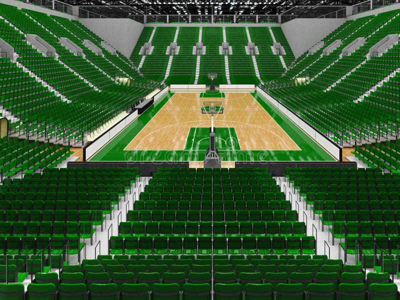 3D render of beautiful sports arena for basketball with floodlights and green seats and VIP boxes for ten thousand people. 3D render of beautiful sports arena for basketball with floodlights and green seats and VIP boxes for ten thousand people
