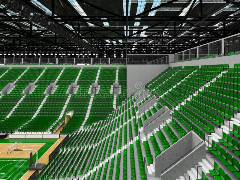 3D render of beautiful sports arena for basketball with floodlights and green seats and VIP boxes for ten thousand people. 3D render of beautiful sports arena for basketball with floodlights and green seats and VIP boxes for ten thousand people