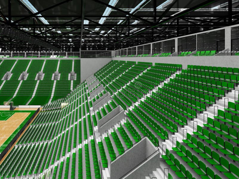 3D render of beautiful sports arena for basketball with floodlights and green seats and VIP boxes for ten thousand people. 3D render of beautiful sports arena for basketball with floodlights and green seats and VIP boxes for ten thousand people