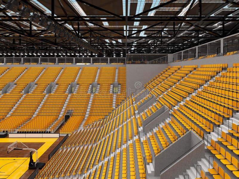3D render of beautiful sports arena for basketball with floodlights and yellow seats and VIP boxes for ten thousand people. 3D render of beautiful sports arena for basketball with floodlights and yellow seats and VIP boxes for ten thousand people