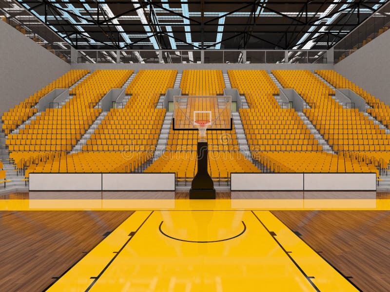3D render of beautiful sports arena for basketball with floodlights and yellow seats and VIP boxes for ten thousand people. 3D render of beautiful sports arena for basketball with floodlights and yellow seats and VIP boxes for ten thousand people