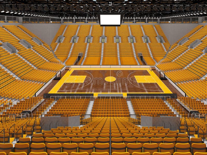 3D render of beautiful sports arena for basketball with floodlights and yellow seats and VIP boxes for ten thousand people. 3D render of beautiful sports arena for basketball with floodlights and yellow seats and VIP boxes for ten thousand people