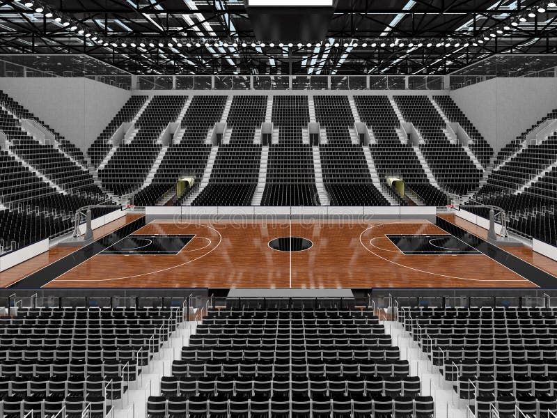 3D render of beautiful sports arena for basketball with floodlights and black seats and VIP boxes for ten thousand people. 3D render of beautiful sports arena for basketball with floodlights and black seats and VIP boxes for ten thousand people