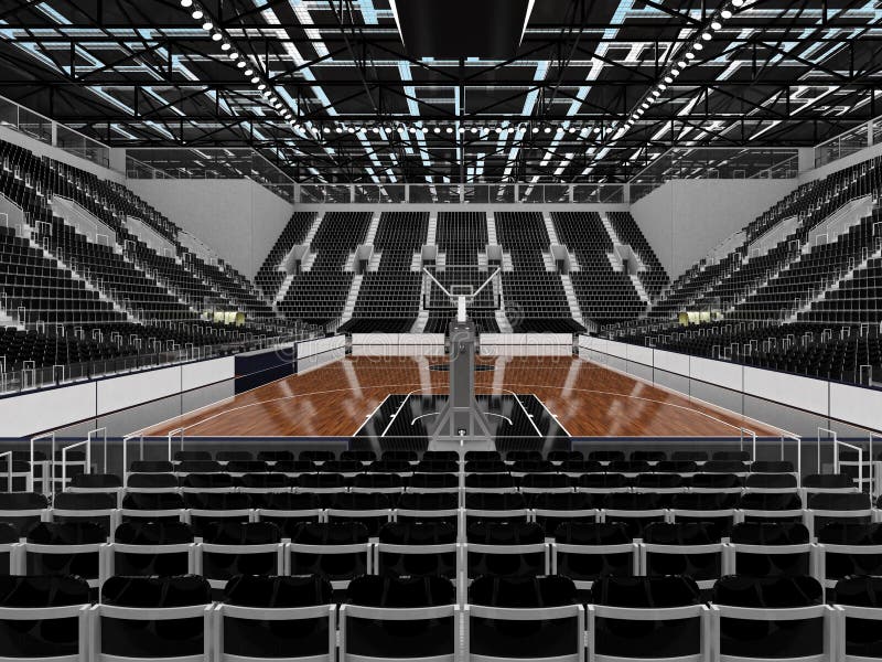 3D render of beautiful sports arena for basketball with floodlights and black seats and VIP boxes for ten thousand people. 3D render of beautiful sports arena for basketball with floodlights and black seats and VIP boxes for ten thousand people