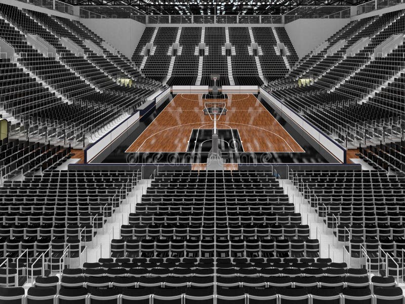 3D render of beautiful sports arena for basketball with floodlights and black seats and VIP boxes for ten thousand people. 3D render of beautiful sports arena for basketball with floodlights and black seats and VIP boxes for ten thousand people