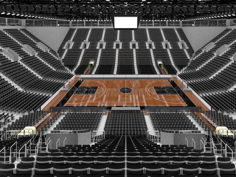 3D render of beautiful sports arena for basketball with floodlights and black seats and VIP boxes for ten thousand people. 3D render of beautiful sports arena for basketball with floodlights and black seats and VIP boxes for ten thousand people