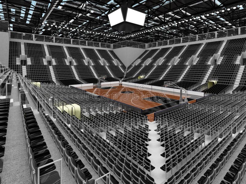 3D render of beautiful sports arena for basketball with floodlights and black seats and VIP boxes for ten thousand people. 3D render of beautiful sports arena for basketball with floodlights and black seats and VIP boxes for ten thousand people