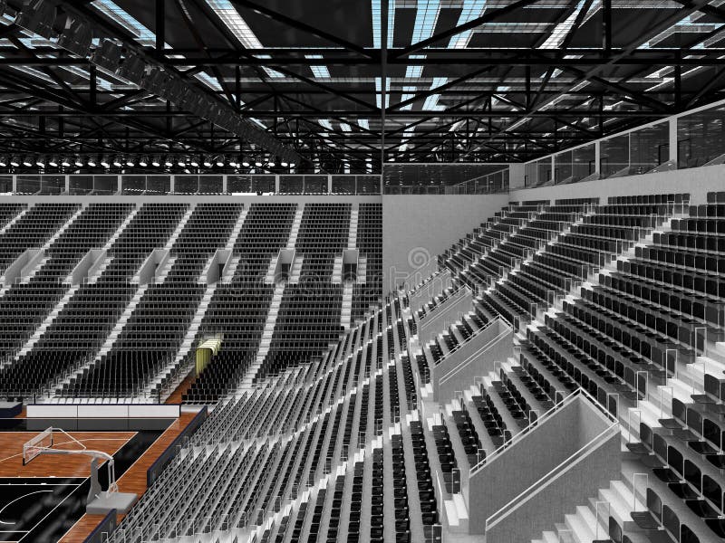 3D render of beautiful sports arena for basketball with floodlights and black seats and VIP boxes for ten thousand people. 3D render of beautiful sports arena for basketball with floodlights and black seats and VIP boxes for ten thousand people