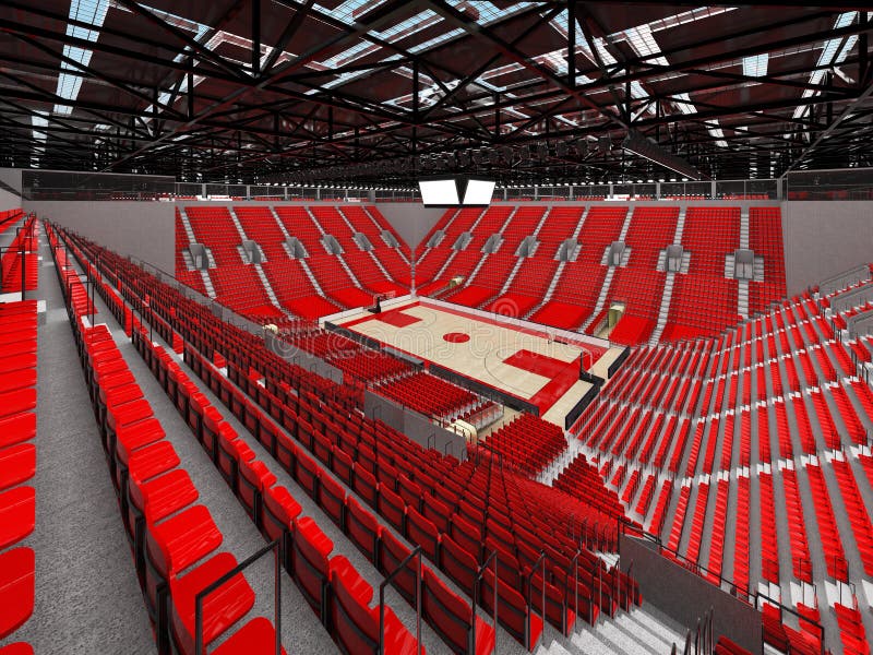 3D render of beautiful sports arena for basketball with floodlights and red seats and VIP boxes for ten thousand people. 3D render of beautiful sports arena for basketball with floodlights and red seats and VIP boxes for ten thousand people