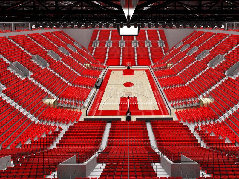 3D render of beautiful sports arena for basketball with floodlights and red seats and VIP boxes for ten thousand people. 3D render of beautiful sports arena for basketball with floodlights and red seats and VIP boxes for ten thousand people