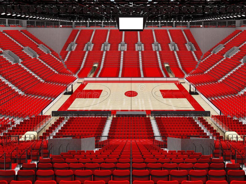 3D render of beautiful sports arena for basketball with floodlights and red seats and VIP boxes for ten thousand people. 3D render of beautiful sports arena for basketball with floodlights and red seats and VIP boxes for ten thousand people