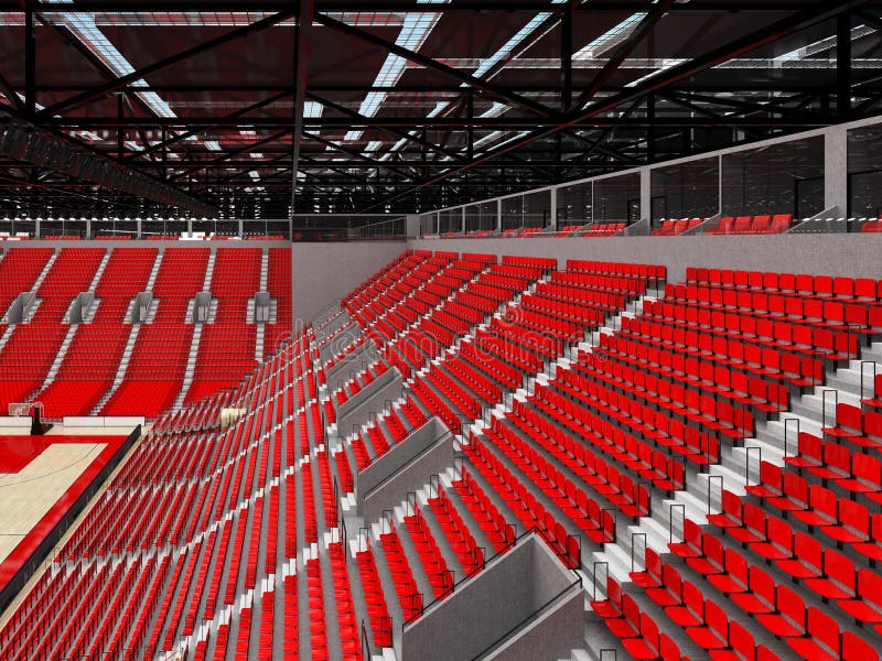 3D render of beautiful sports arena for basketball with floodlights and red seats and VIP boxes for ten thousand people. 3D render of beautiful sports arena for basketball with floodlights and red seats and VIP boxes for ten thousand people