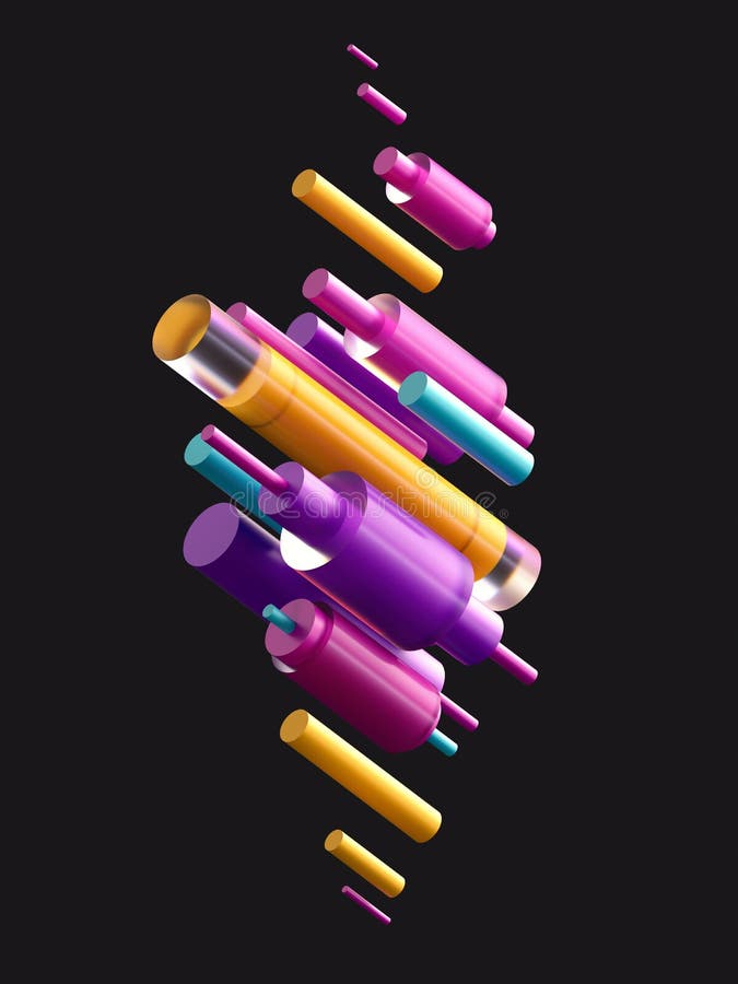 3d render, digital illustration, assorted cylinders, black pink blue yellow abstract background, geometric shapes. 3d render, digital illustration, assorted cylinders, black pink blue yellow abstract background, geometric shapes