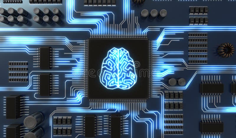 3D a rendu l'illustration du circuit électronique d'intelligence artificielle Puce avec le cerveau rougeoyant