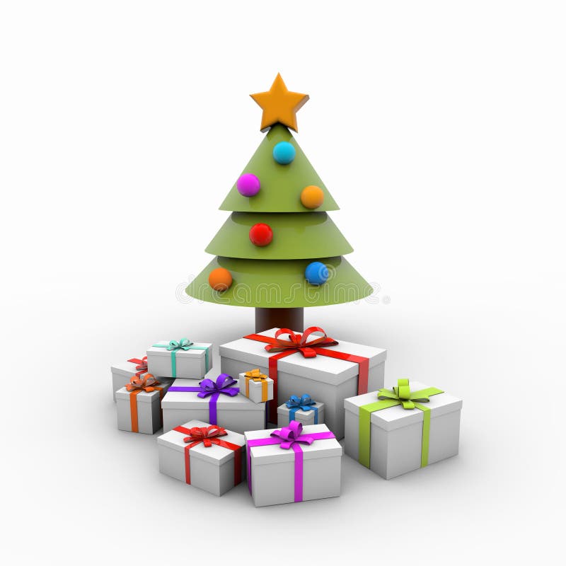  3d Representación De Un árbol De Navidad Con Dibujos Animados Con Regalos Envueltos Coloridos Sobre Un Fondo Blanco Stock de ilustración