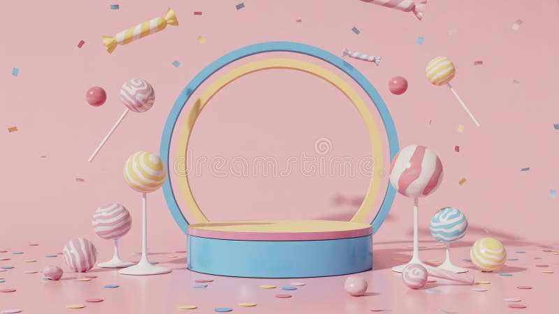 3d representación de un podio con temática de caramelo con lollipops y elementos confetti stock de ilustración