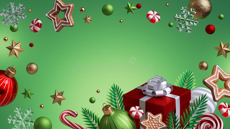 3 d representan navidad abstracta fondo verde con caja de regalo roja bolas de vidrio galletas de jengibre y adornos festivos ilustración del vector