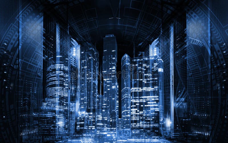 3d representando la ciudad panorámica azul sobre la conexión de la ciudad con la tecnología de fondo negro sobre el fondo del cent ilustración del vector