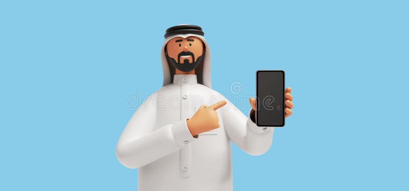 3 d representar al personaje de caricatura árabe con barba lleva ropa blanca tradicional y sostiene un teléfono inteligente. arte ilustración del vector