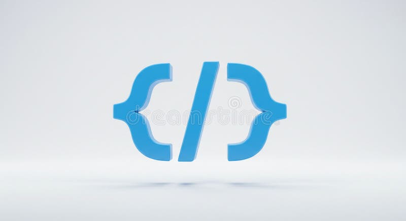 A 3D representation of blue curly braces and a forward slash, symbolizing HTML or royalty free illustration