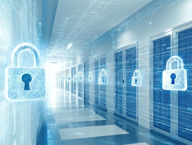 Secured Medical Server Room, Protecting Healthcare Data with Advanced Encryption Technology and Security Measures in a Modern vector illustration