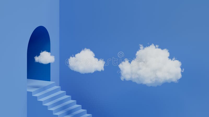 3d resa uno sfondo azzurro astratto minimalista con scale e la fila di tre nuvole bianche che volano fuori dal tunnel illustrazione vettoriale