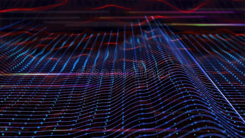 3D resumen la animación del equalizador azul de la onda acústica En el wireframe del terreno del extracto 3d que se mueve y que d ilustración del vector