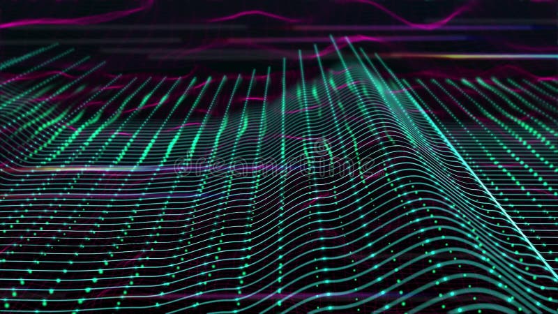 3D resumen la animación del equalizador azul de la onda acústica En el wireframe del terreno del extracto 3d que se mueve y que d stock de ilustración