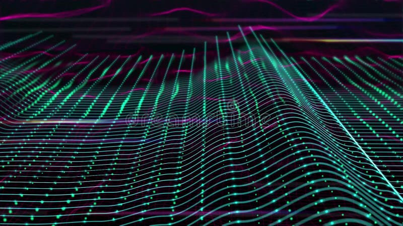 3D resumen la animación del equalizador colorido de la onda acústica En el wireframe del terreno del extracto 3d que se mueve y q stock de ilustración
