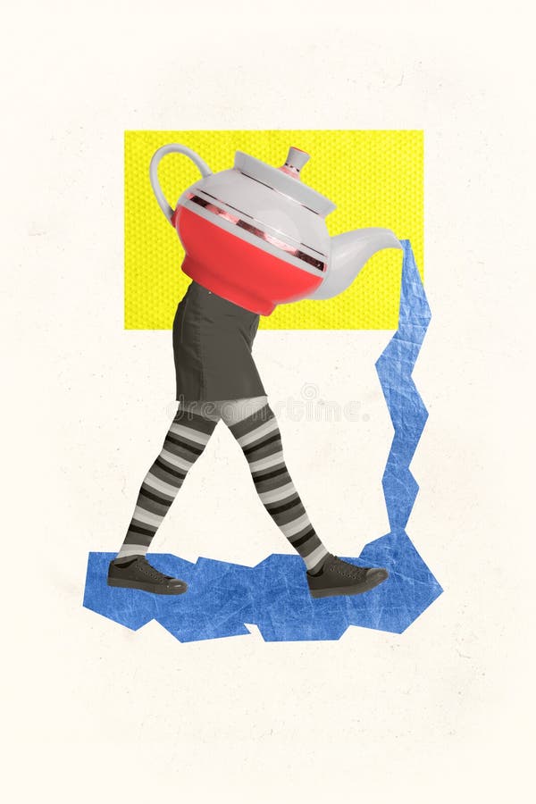 3d ilustrare retroabstractă colectată din cap în loc de ceainic teapot turnând băuturi de apă albastră izolate pe galben royalty free stock image