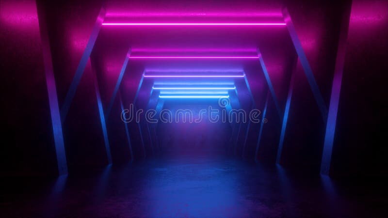 3d rinden, el fondo abstracto de neón, sitio vacío, túnel, pasillo, líneas que brillan intensamente, luz geométrica, ultravioleta