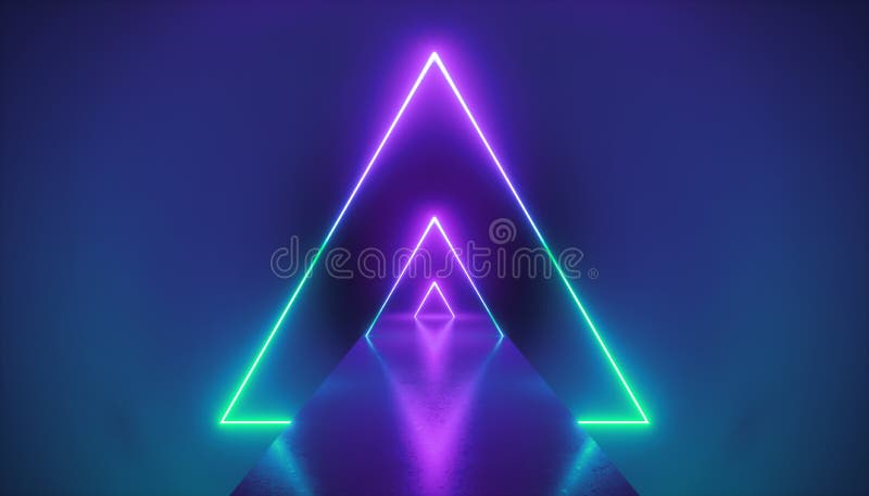 3d rinden, el triángulo ligero de neón, realidad virtual, portal esotérico triangular, túnel, pasillo, fondo abstracto ultraviole