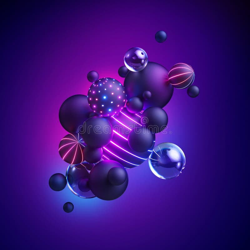 3d rinden, fondo geométrico abstracto, luz de neón, espectro ultravioleta, bolas decorativas que brillan intensamente, globos, fo