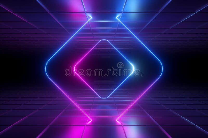 3d rinden, fondo ultravioleta abstracto, luz de neón, marco cuadrado redondeado, líneas que brillan intensamente, túnel, pasillo