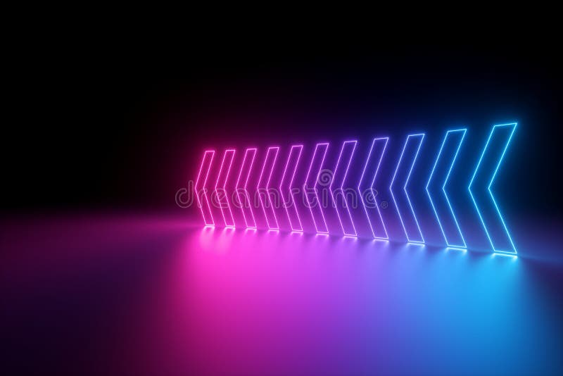 3d rinden, las flechas de neón que brillan intensamente, fondo abstracto, izquierdo, concepto de la dirección ilustración del vector
