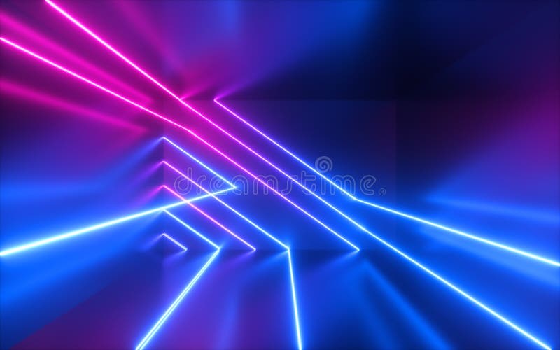 3d rinden, pican las l? neas de ne? n azules, formas geom? tricas, espacio virtual, luz ultravioleta, estilo de los a? os 80, disco r ilustración del vector