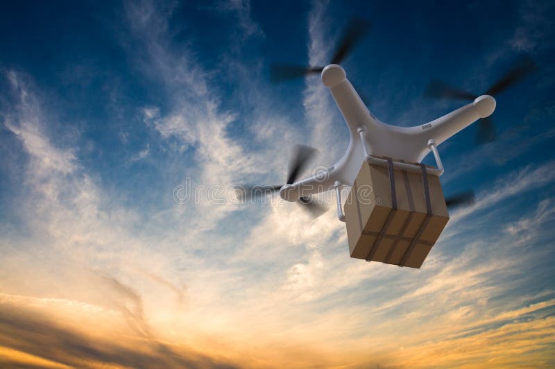 3D rindió el ejemplo del vuelo del abejón en el cielo y de entregar un paquete en la puesta del sol libre illustration