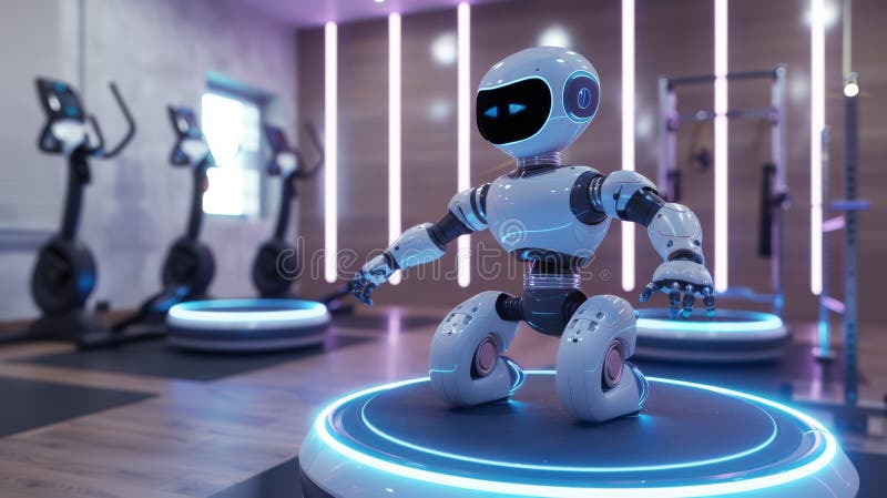 A 3D robot as a fitness trainer leading workout sessions with dynamic movements monitoring clients progress with smart sensors vector illustration