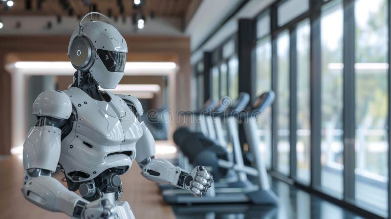 A 3D robot as a fitness trainer leading workout sessions with dynamic movements monitoring clients progress with smart sensors stock illustration