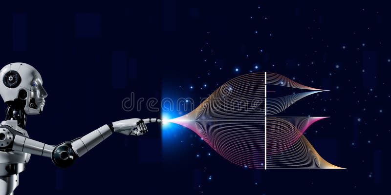 3D robotic render showing meta verse and data science algorithm digital data network transformation stock illustration