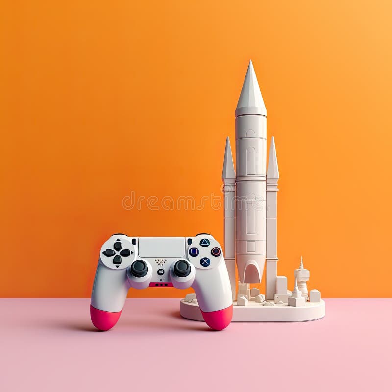 3D rocket model shares the spotlight with a game controller against a stylish backdrop. vector illustration