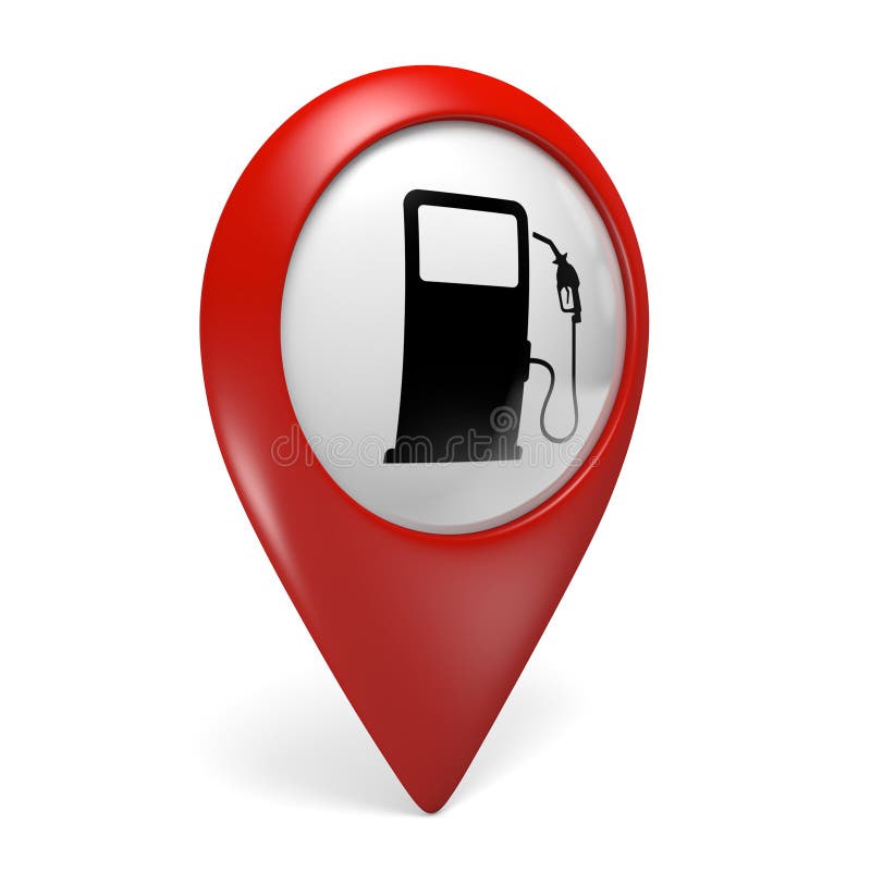 Red map pointer icon with a fuel pump symbol for gas stations, rendered in 3D on a white background. Red map pointer icon with a fuel pump symbol for gas stations, rendered in 3D on a white background.