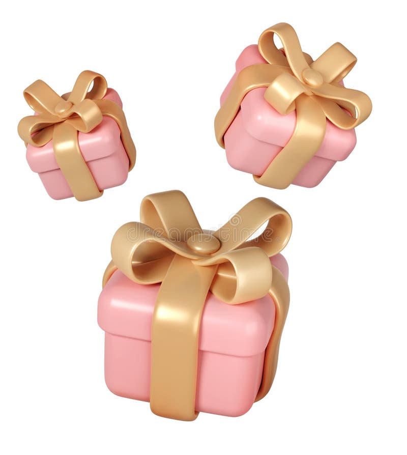 3d rosa valentindag tre presentboxar med gyllene band på vit bakgrund. ge romantisk kärlek modern stock illustrationer