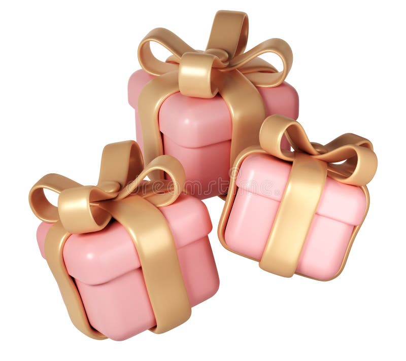3d rosa valentindag tre presentboxar med gyllene band på vit bakgrund. ge romantisk kärlek modern stock illustrationer