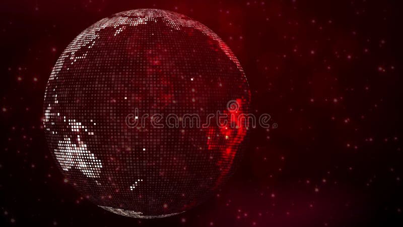 3D Rotating Animation Globe Earth World Map With Abstract Square Shines Dotted On Red Shiny Sparkles Stars And Bokeh Motion vector illustration