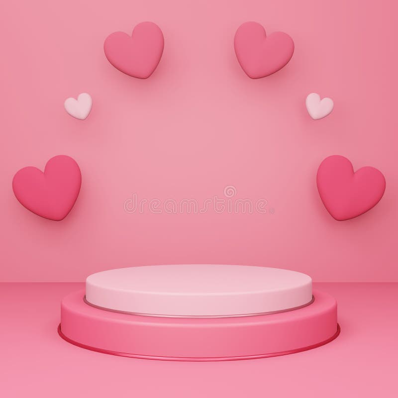 3d round podium with red empty studio room, product background with heart floating, mock up for display