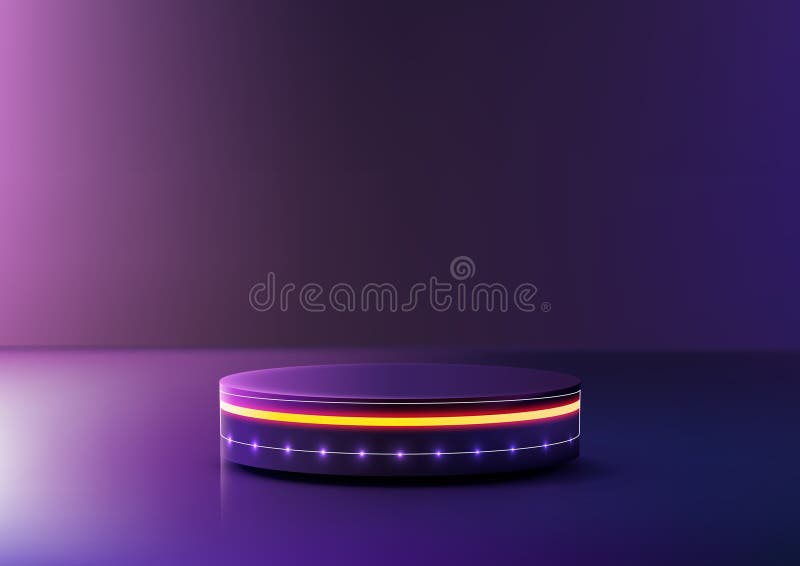 3d runda lila podium med ljusorange linjevita punkter som lyser teknikmockup-produktvisning som visar futuristisk film royaltyfri illustrationer