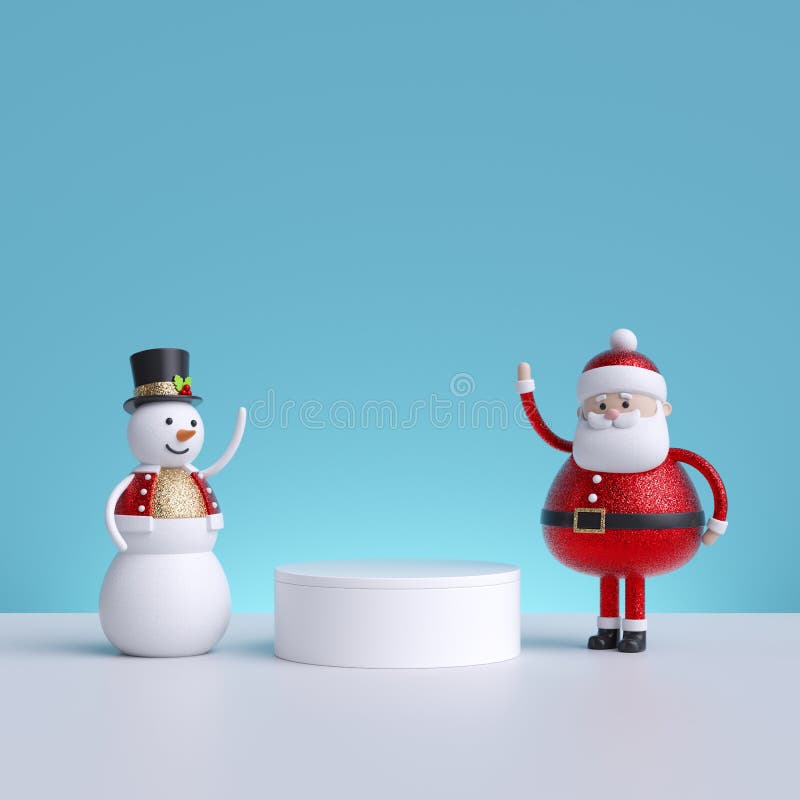 3d santa claus i snowman stojące w pobliżu pustego podium odizolowane na niebieskim tle. wesołe bożonarodzeniowe postacie zabawne ilustracja wektor